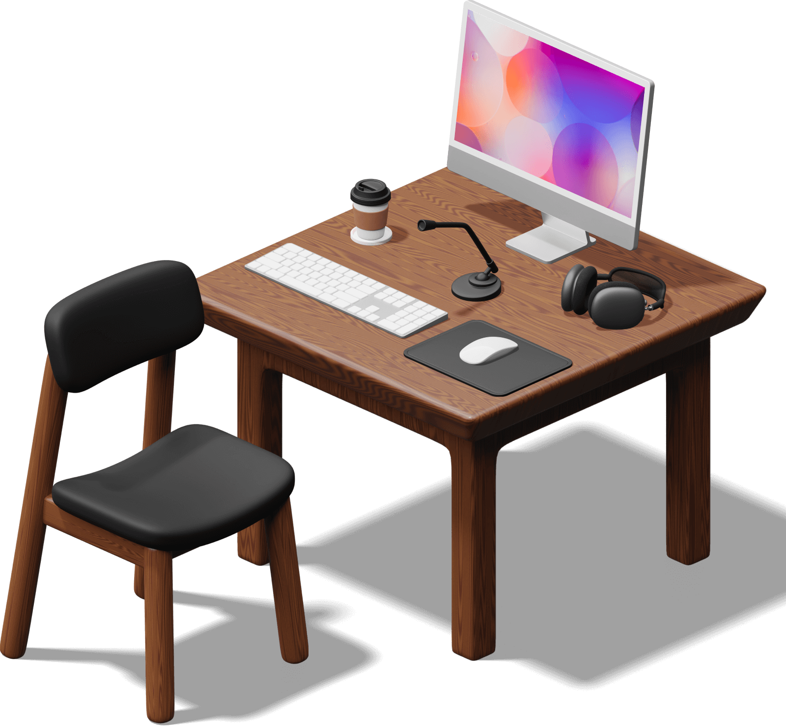 a computer desk with a chair and a computer on it