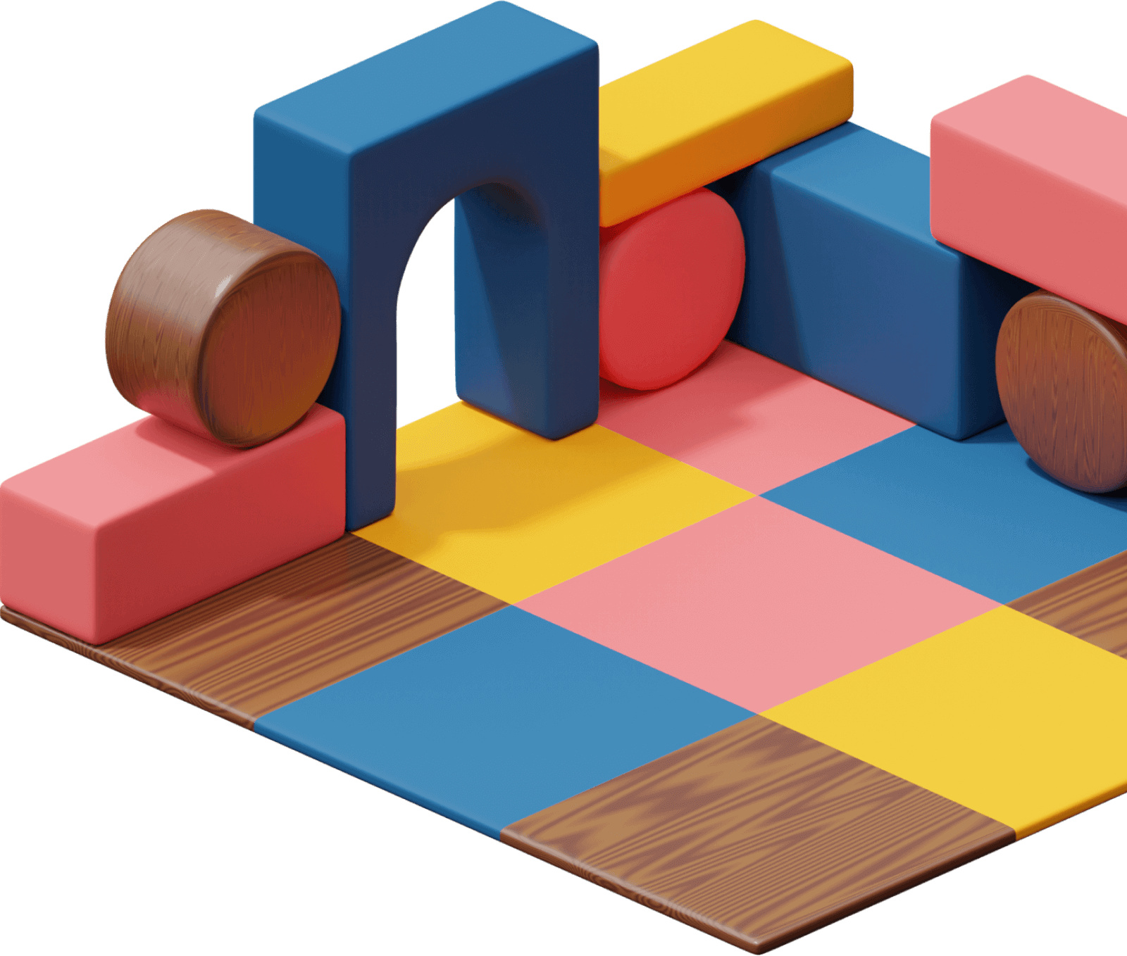 a colorful wooden block set on top of a checkered floor