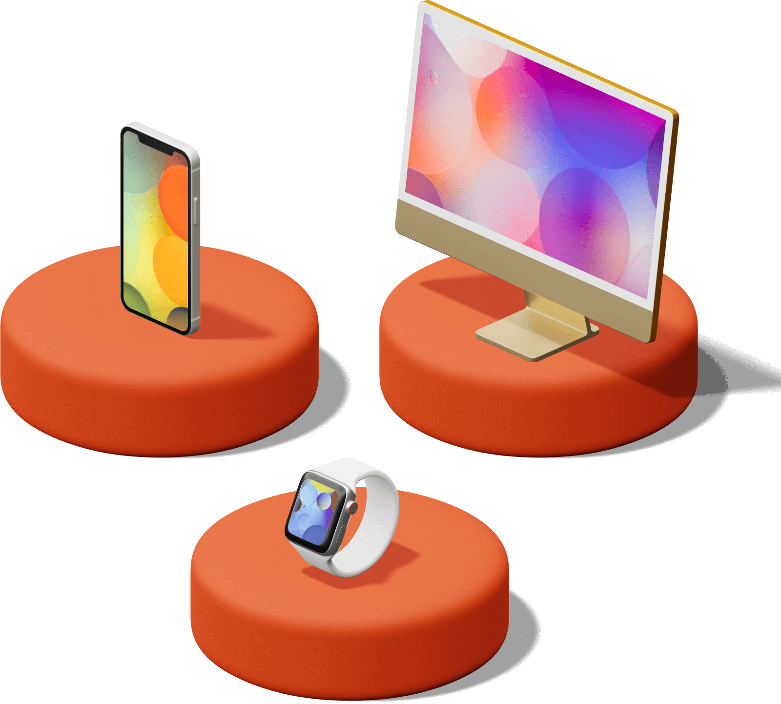 a computer monitor, a smartwatch and a cell phone, each on an orange stand