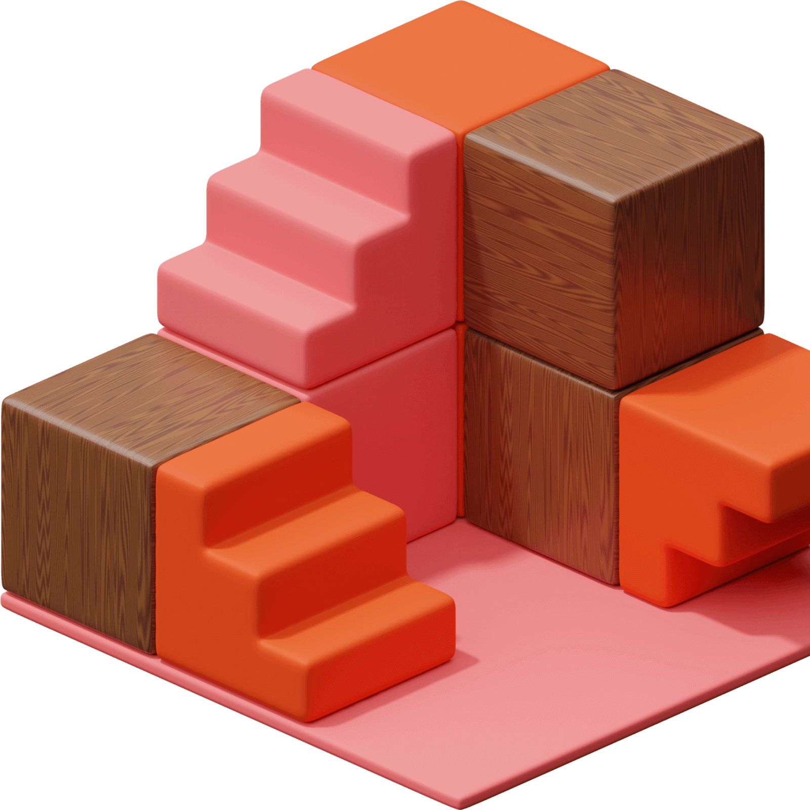 abstract pink, brown and orange block toy and stairs on top of a pink surface